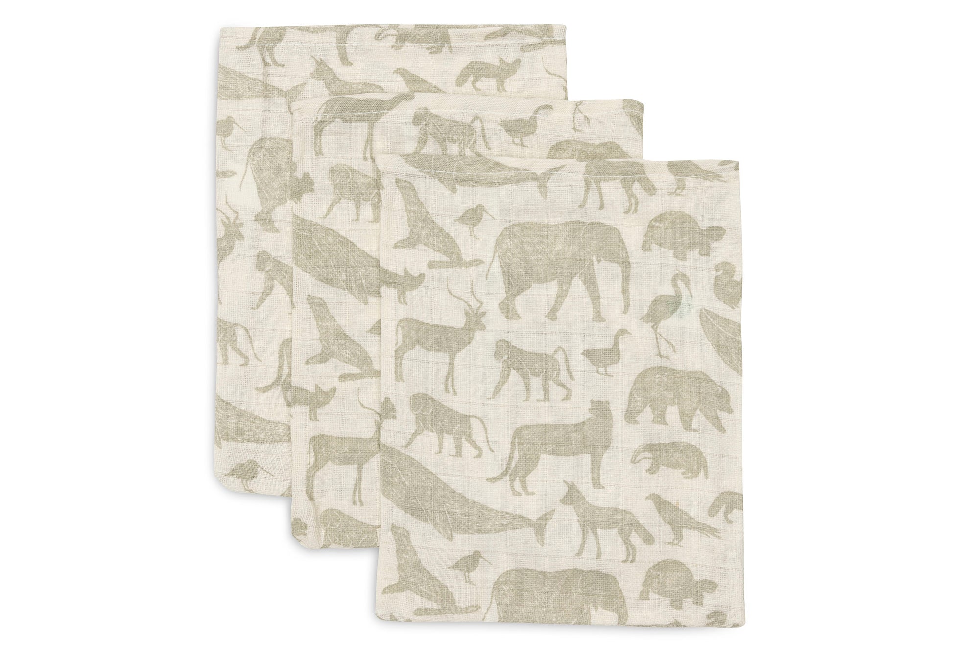 Jollein Jollein - Washcloth Muslin - Animals Olive Green - 3 Pack - Pearls & Swines