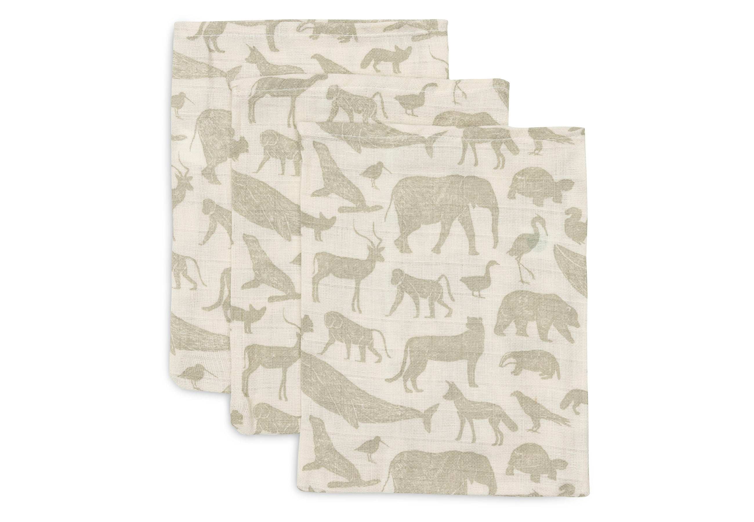 Jollein Jollein - Washcloth Muslin - Animals Olive Green - 3 Pack - Pearls & Swines