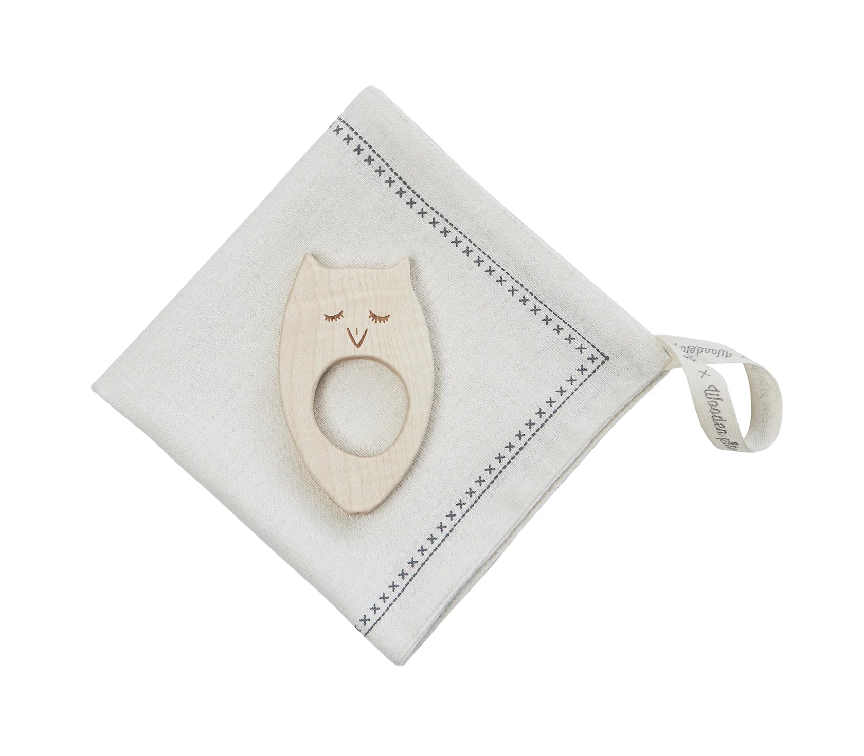 Wooden Story Wooden Story - Mini teether with hanky - Owl - Pearls & Swines