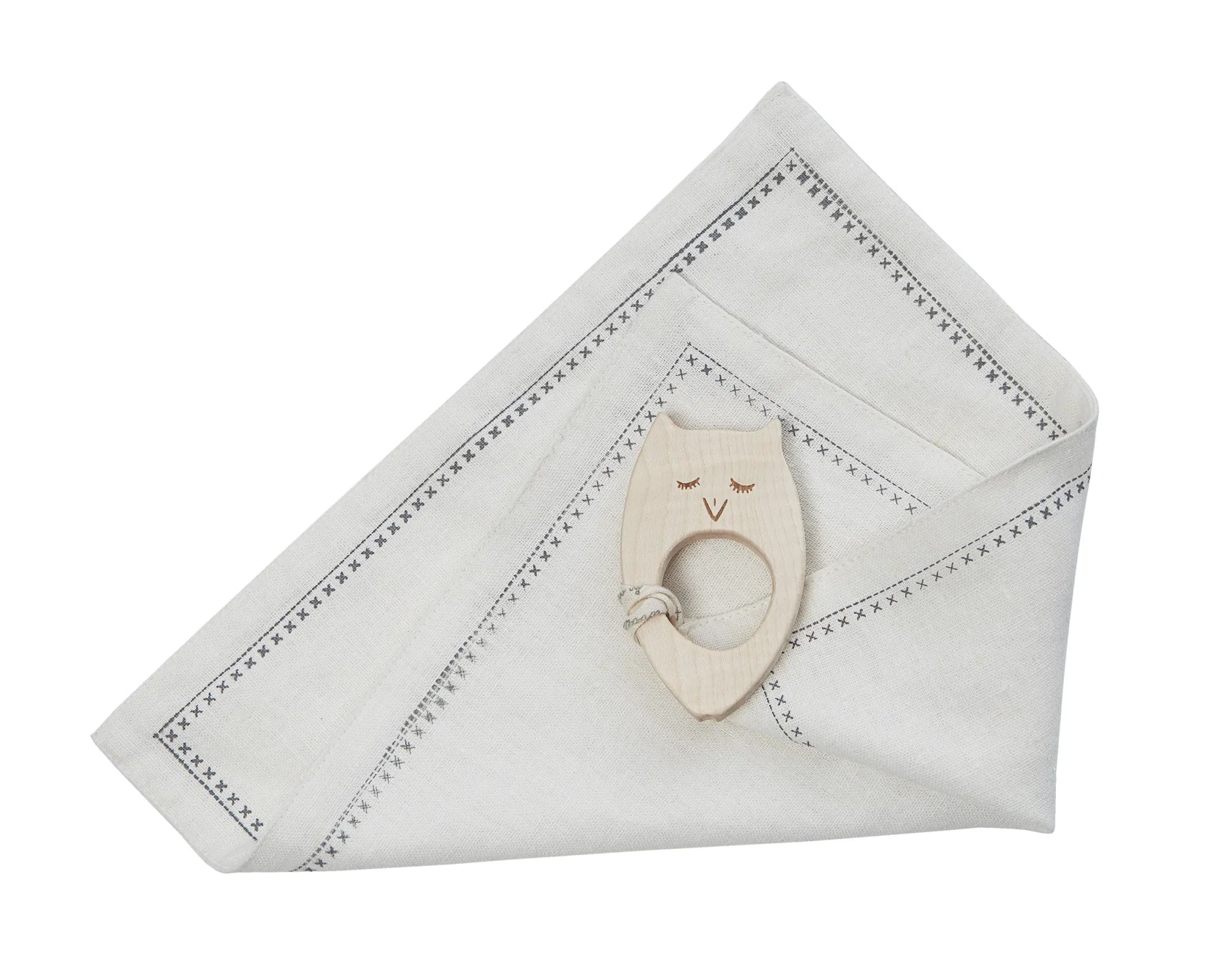 Wooden Story Wooden Story - Mini teether with hanky - Owl - Pearls & Swines
