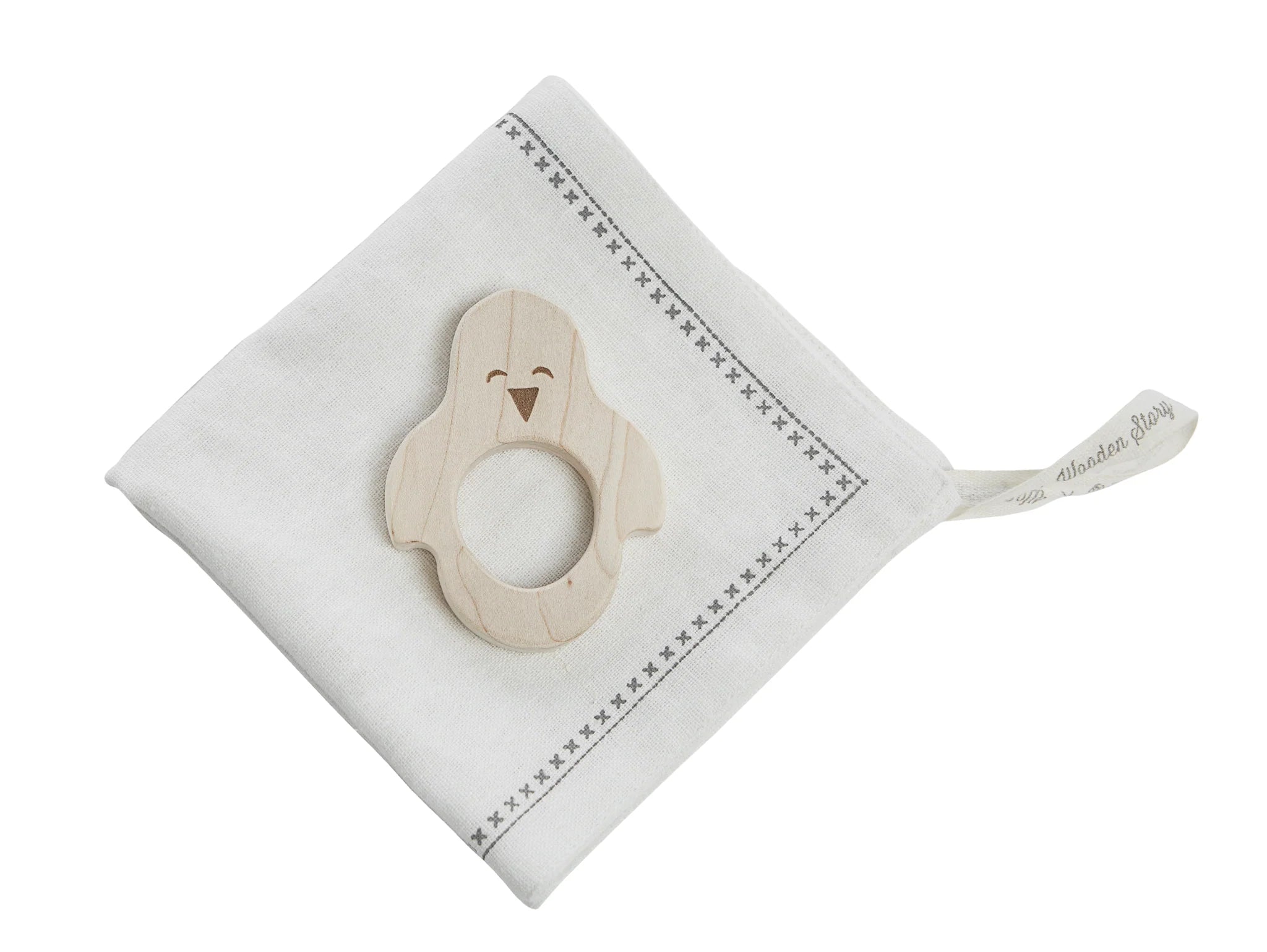 Wooden Story Wooden Story - Mini teether with hanky - Penguin - Pearls & Swines