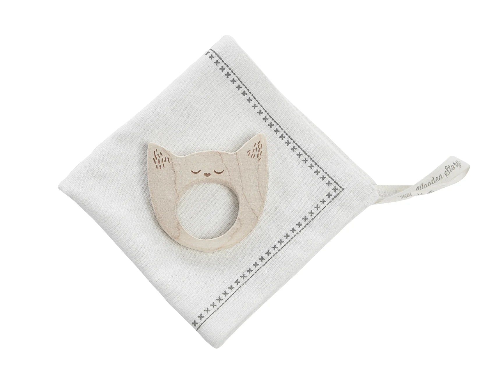 Wooden Story Wooden Story - Mini teether with hanky - Yawning Cat - Pearls & Swines