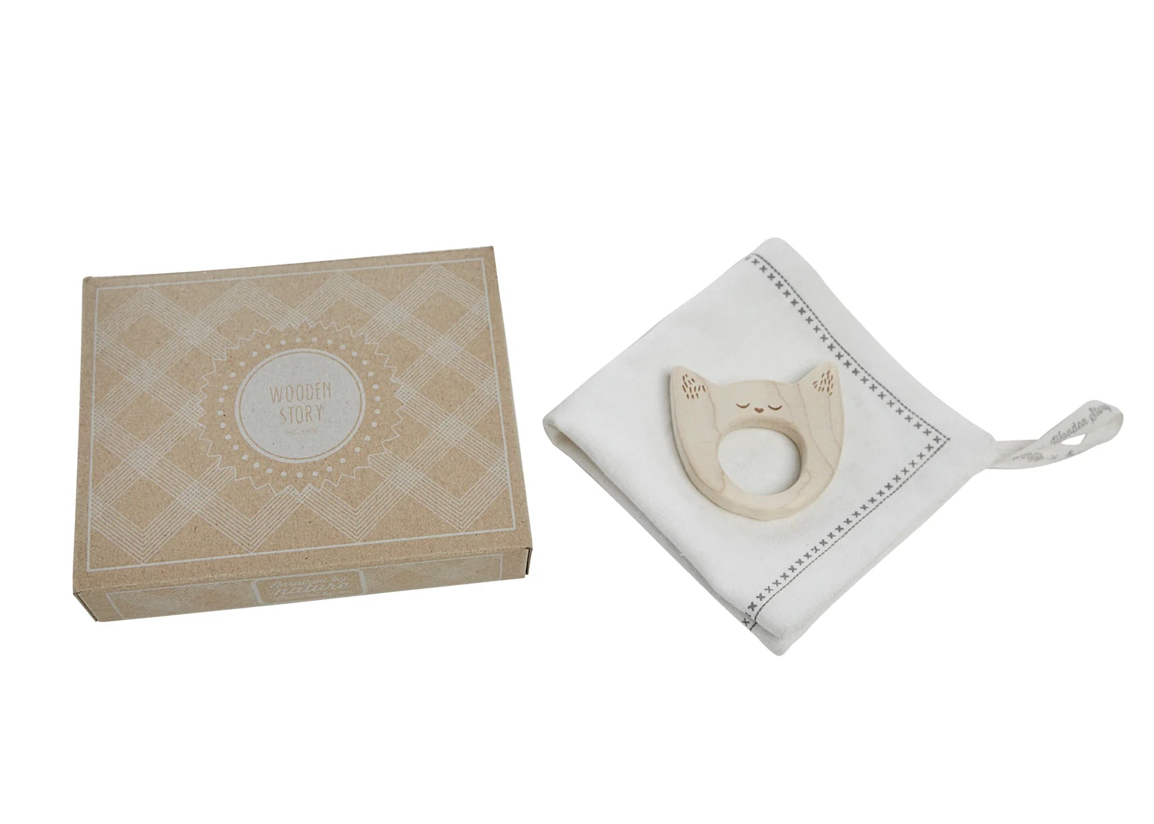 Wooden Story Wooden Story - Mini teether with hanky - Yawning Cat - Pearls & Swines