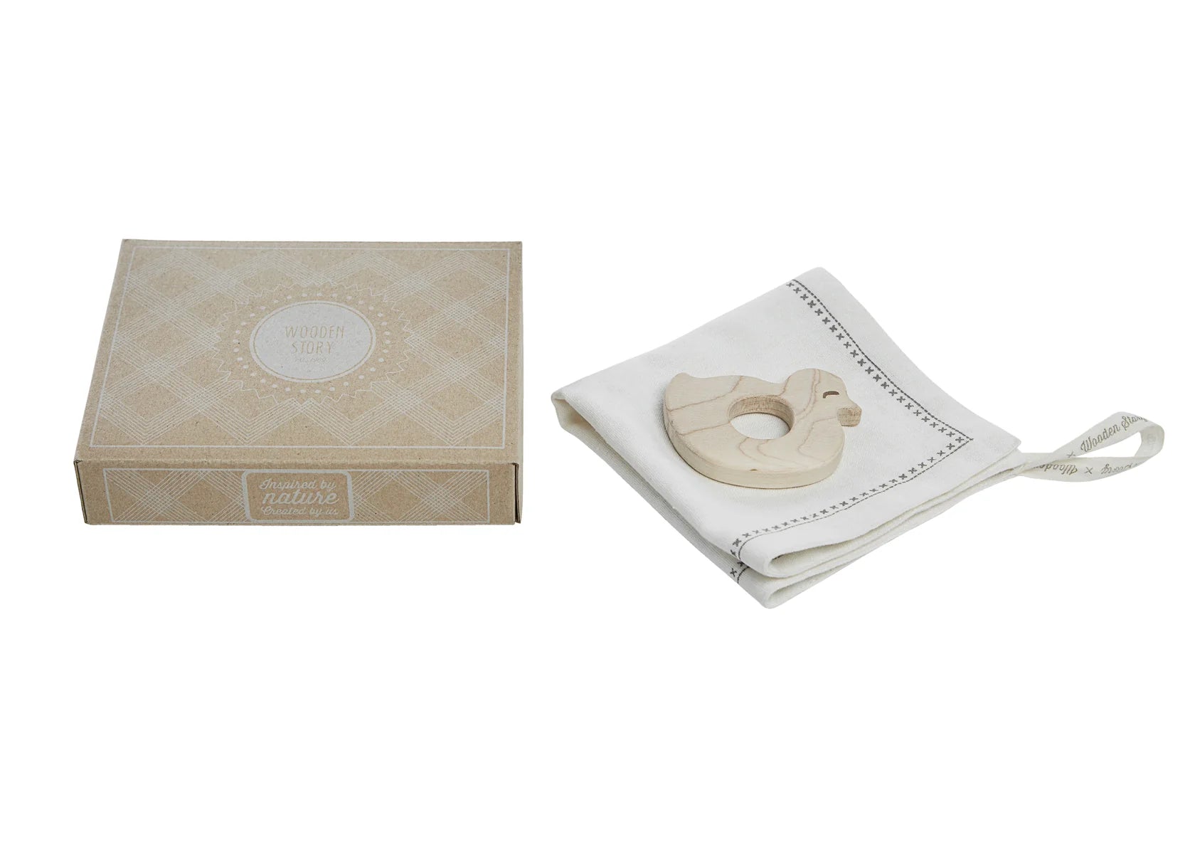 Wooden Story Wooden Story - Mini teether with hanky - Baby duck - Pearls & Swines