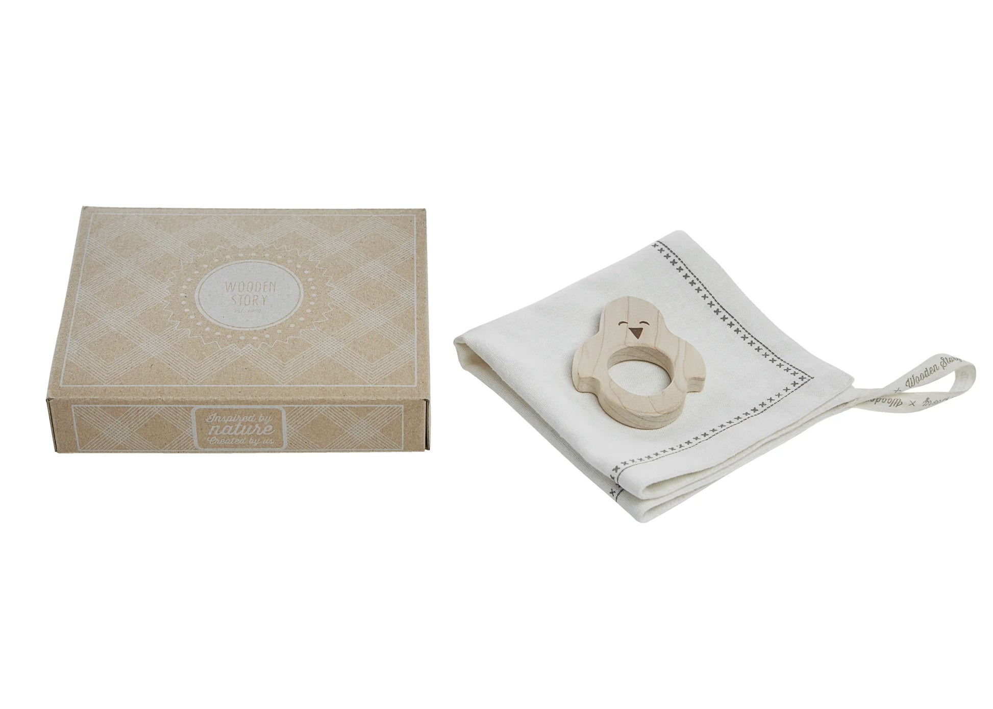 Wooden Story Wooden Story - Mini teether with hanky - Penguin - Pearls & Swines