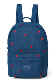 Pearls and Swines Studio Noos - Denim Midi Backpack with Front Pocket - Dark Blue Red Hearts - Pearls & Swines