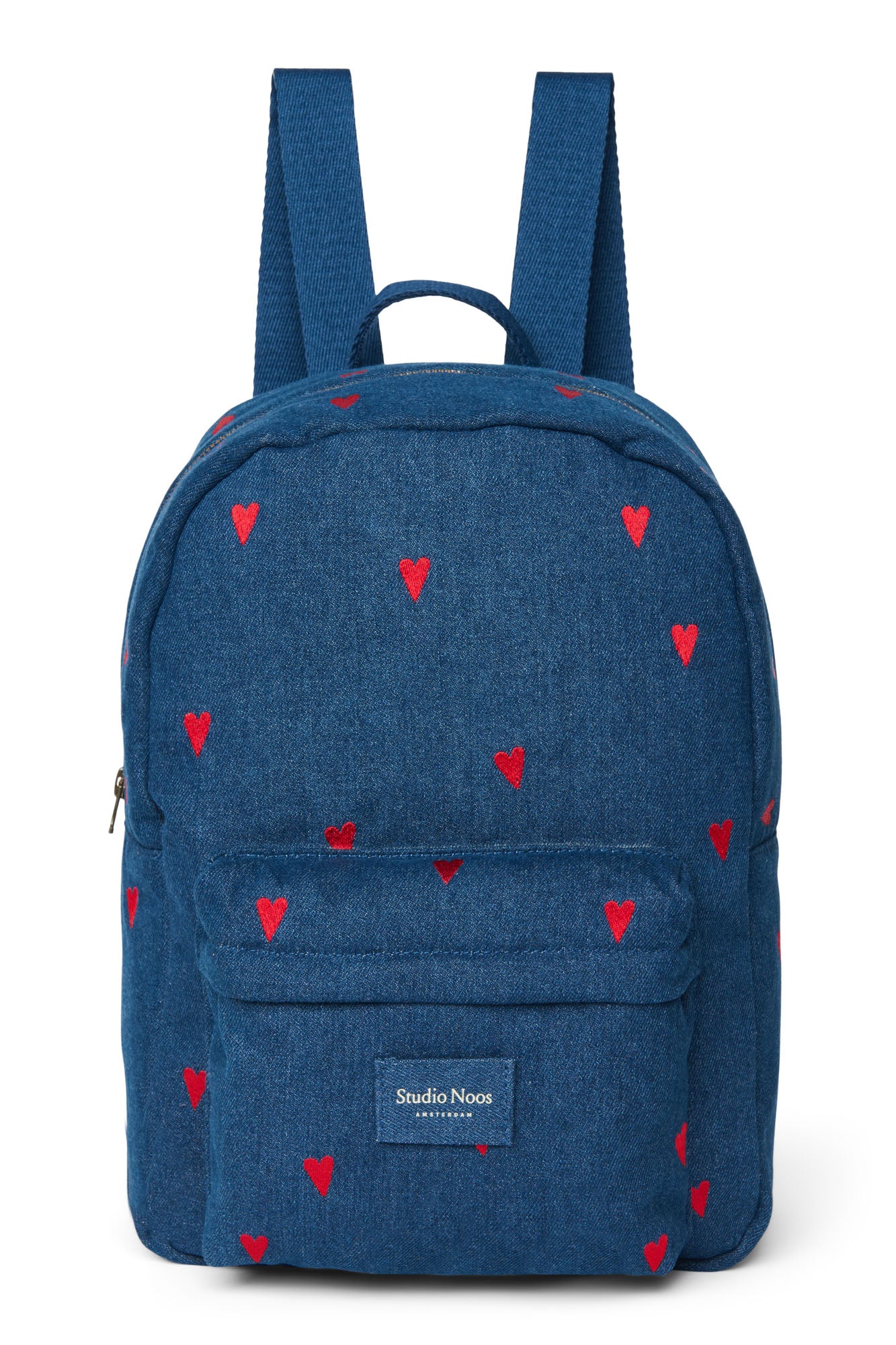 Pearls and Swines Studio Noos - Denim Midi Backpack with Front Pocket - Dark Blue Red Hearts - Pearls & Swines