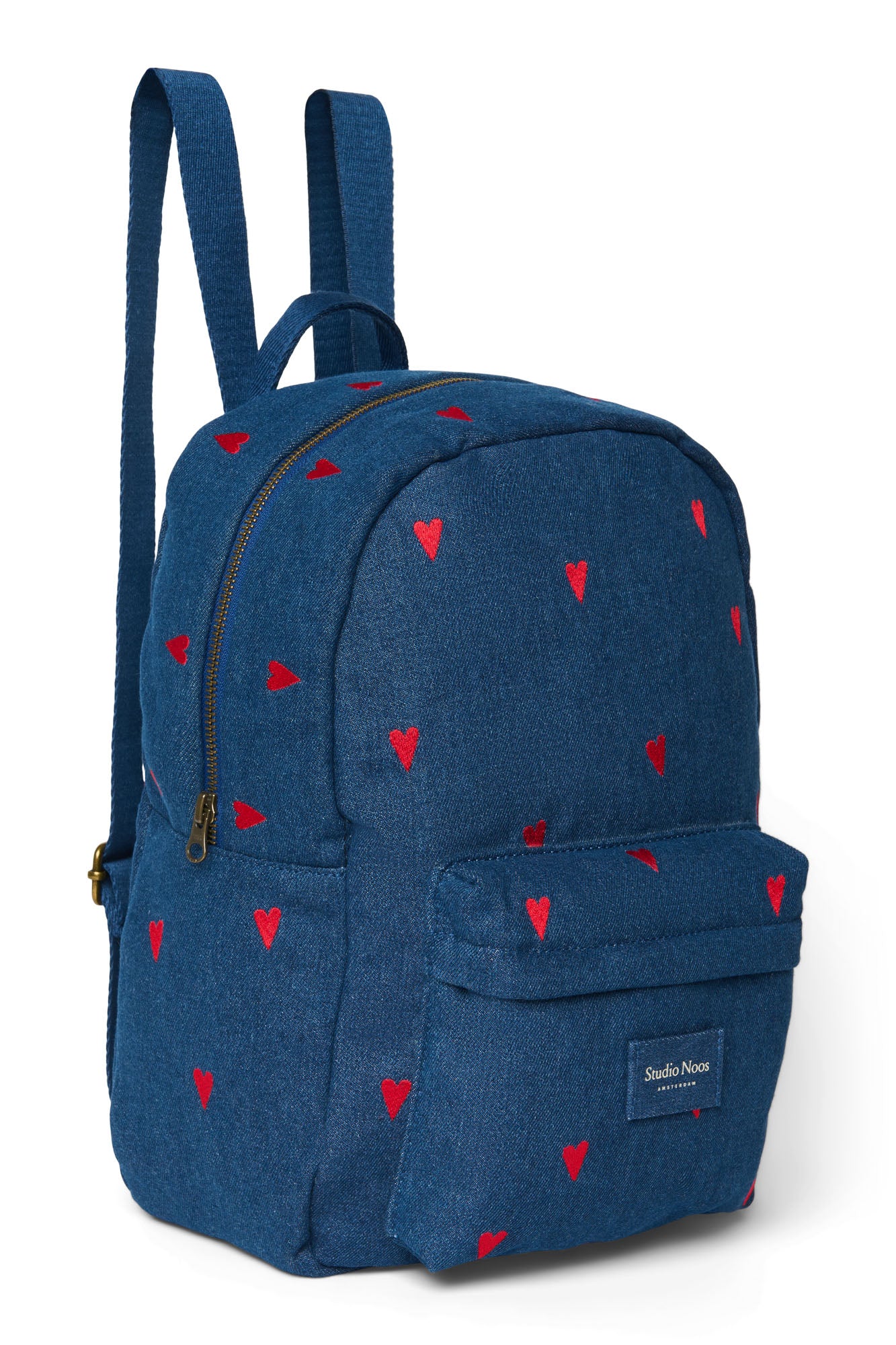 Pearls and Swines Studio Noos - Denim Midi Backpack with Front Pocket - Dark Blue Red Hearts - Pearls & Swines
