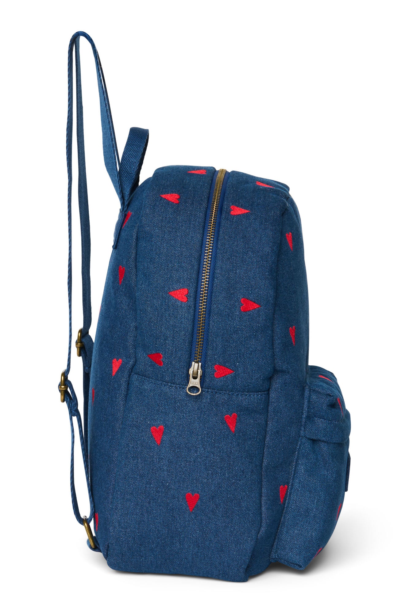 Pearls and Swines Studio Noos - Denim Midi Backpack with Front Pocket - Dark Blue Red Hearts - Pearls & Swines