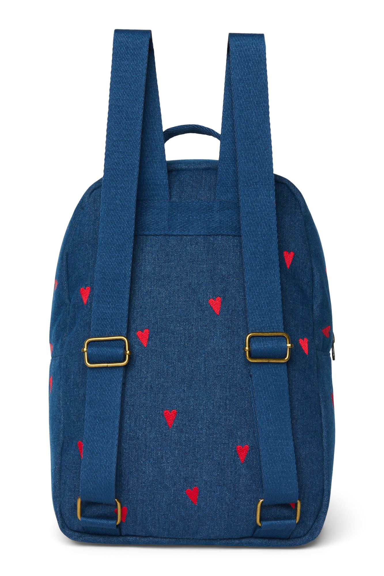 Pearls and Swines Studio Noos - Denim Midi Backpack with Front Pocket - Dark Blue Red Hearts - Pearls & Swines