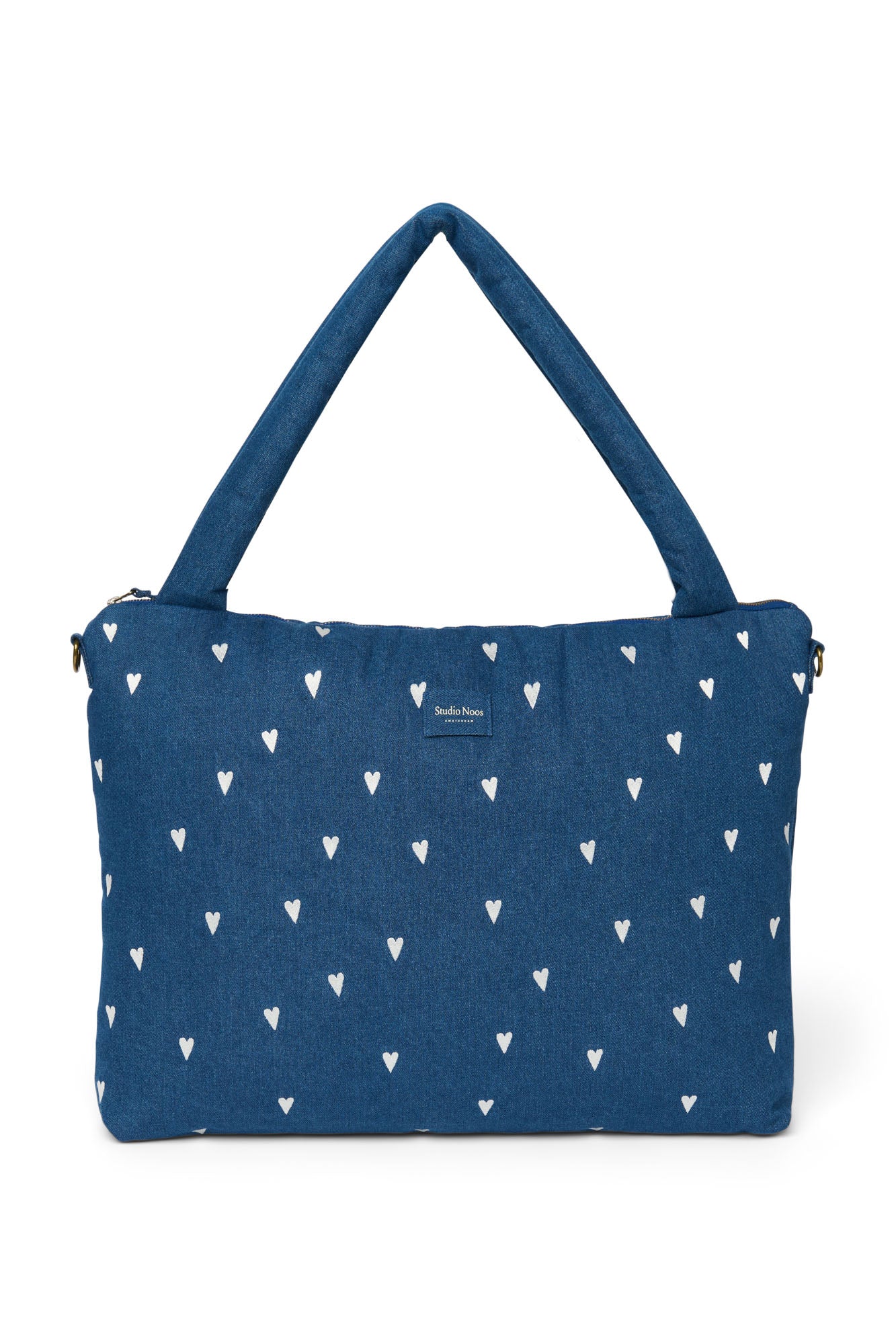 Pearls and Swines Studio Noos - Denim Diaperbag - Dark White Hearts - Pearls & Swines