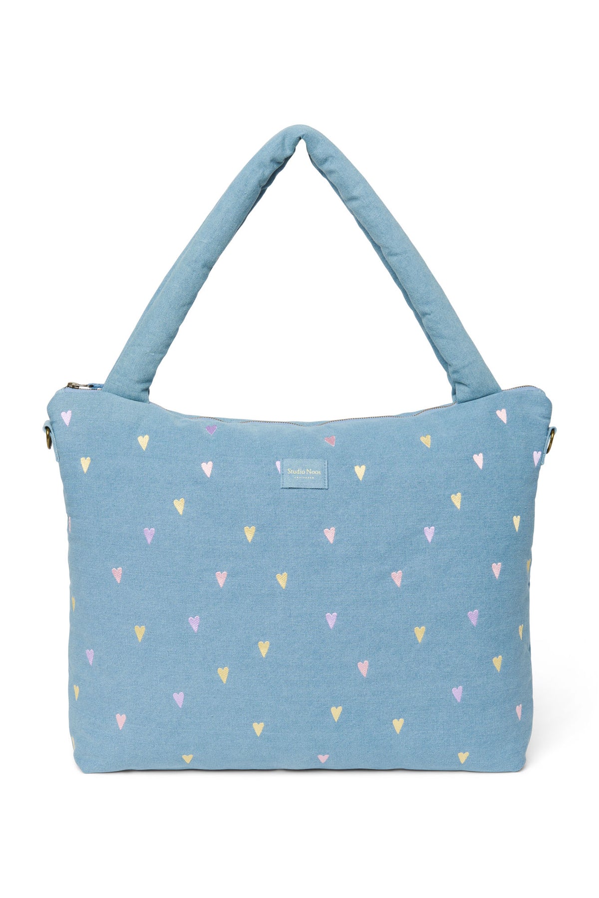 Pearls and Swines Studio Noos - Denim Diaperbag - Light Blue Hearts - Pearls & Swines