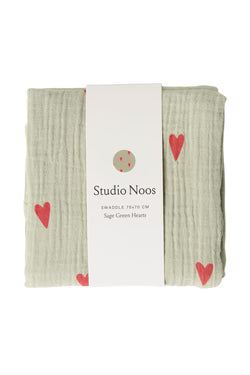 Pearls and Swines Studio Noos - Swaddle Medium - Sage Green Hearts - Pearls & Swines